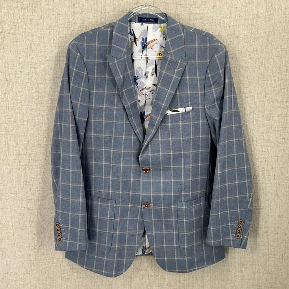 Alan Flusser Sport Coat Mens 40R Blue Linen Blend Windowpane Plaid Floral Blazer